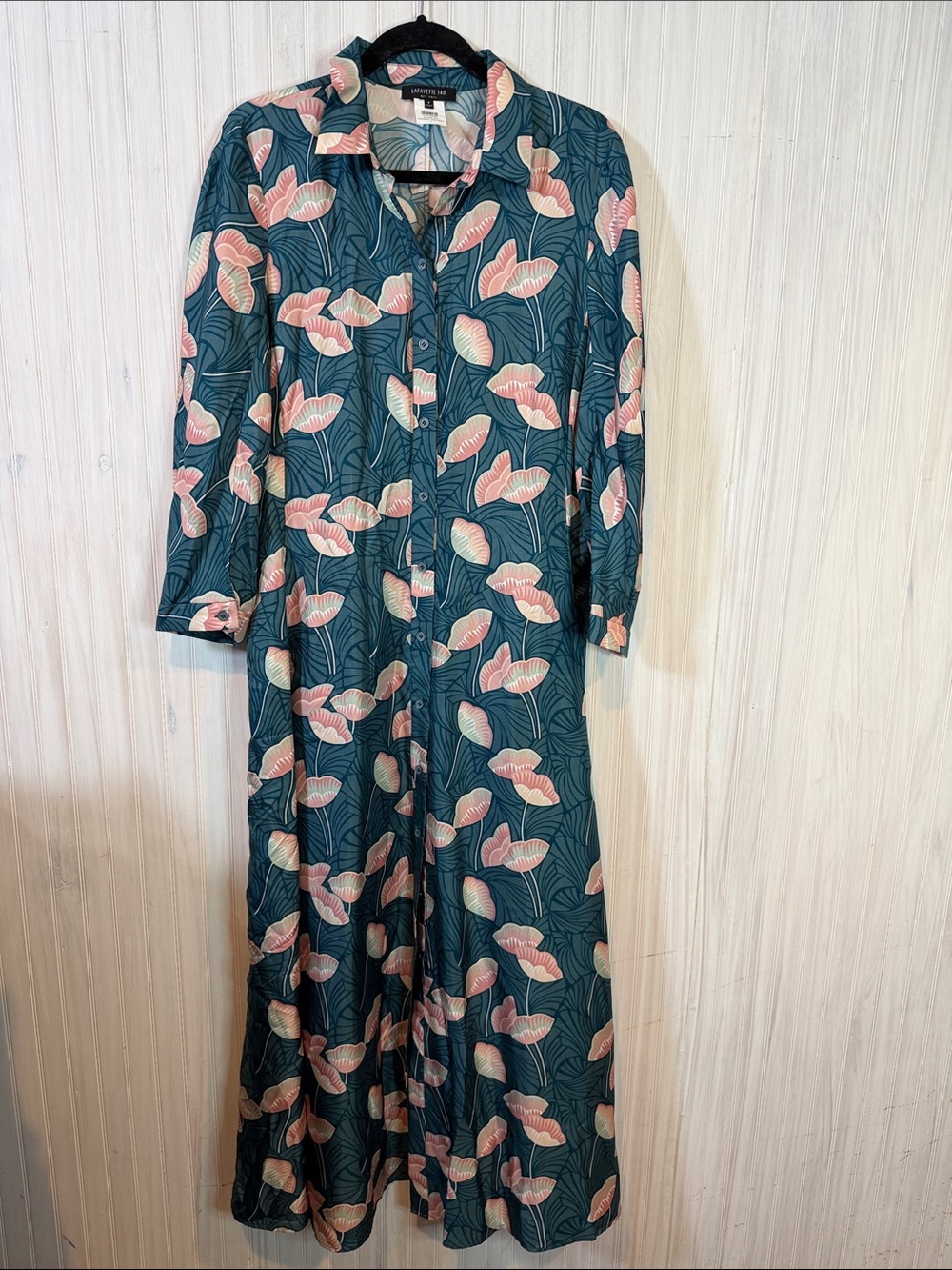 Lafayette 148 New York Teal Maxi Shirt Dress with Pink Floral Print